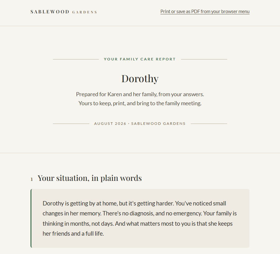 A generated Family Care Report